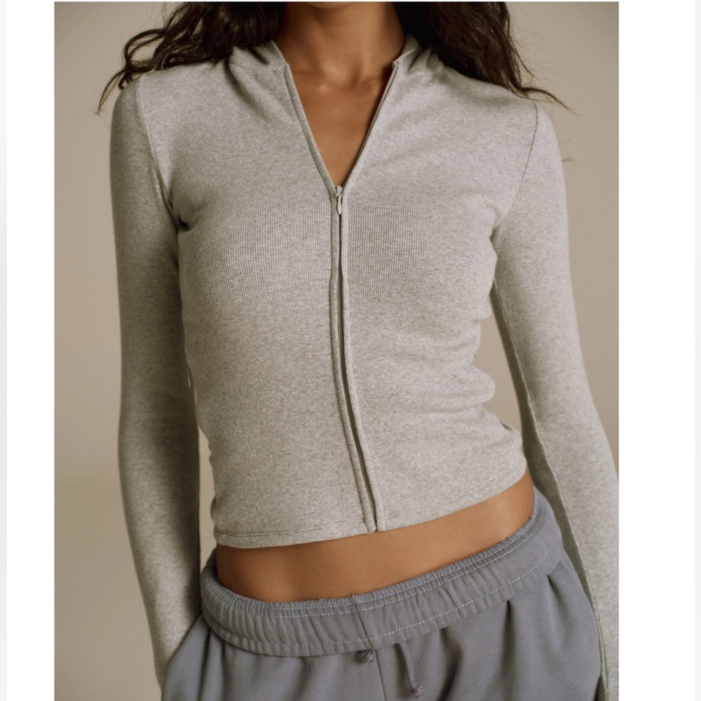 Adanola Rib Full Zip Hoodie - Light Grey Melange Size Small
